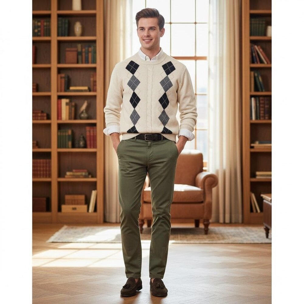 Dockers Mens Ivory Argyle Crewneck Sweater Size XL Cotton Soft Knit‎ Classic
